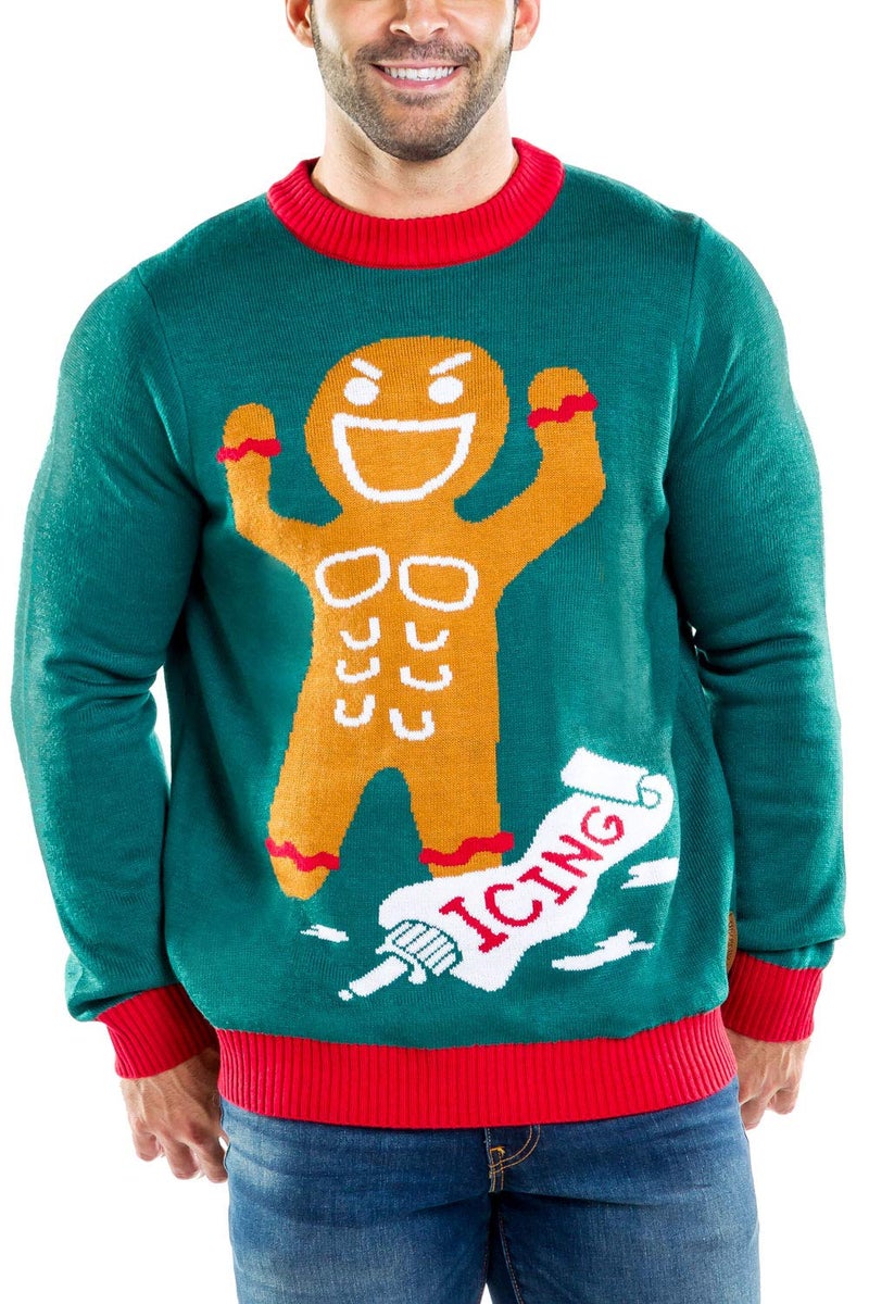 Tipsy Elves Ugly Christmas Sweaters for Men - Colorful and Funny Men's Christmas Sweaters - Hilarious Holiday Pullovers - Men's Green Gingerbread Man Roid Rage Christmas Ugly Sweater Size Large - Image 1